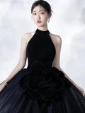 solvbao Black Halter Shiny Tulle Long Ball Gown, Black A-Line Backless Formal Dress