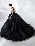 solvbao Black Halter Shiny Tulle Long Ball Gown, Black A-Line Backless Formal Dress