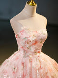 solvbao Beautiful Strapless Tulle Flower Long Prom Dress, Pink Ball Gown Formal Dress