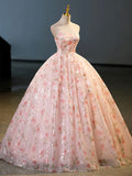 solvbao Beautiful Strapless Tulle Flower Long Prom Dress, Pink Ball Gown Formal Dress