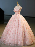 solvbao Beautiful Strapless Tulle Flower Long Prom Dress, Pink Ball Gown Formal Dress