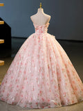 solvbao Beautiful Strapless Tulle Flower Long Prom Dress, Pink Ball Gown Formal Dress