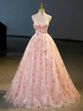 solvbao Beautiful Strapless Tulle Flower Long Prom Dress, Pink Ball Gown Formal Dress