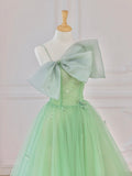 solvbao Green Tulle Short Prom Dress, A-Line Evening Dress with Bow