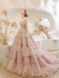 solvbao Light Pink Tulle Layers Long Prom Dresses, Beautiful Tulle Sweet 16 Dresses