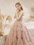 solvbao Light Pink Tulle Layers Long Prom Dresses, Beautiful Tulle Sweet 16 Dresses