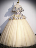 solvbao Champagne Floral Tulle Long Formal Dress, Off the Shoulder A-Line Evening Party Gown